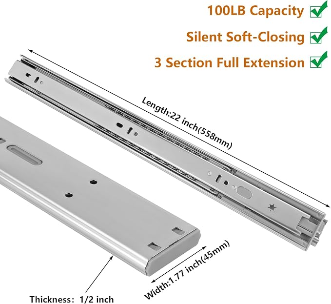 LONTAN 1 Pair Soft Close Drawer Slides 22 Inch Drawer Guides 3 Fold Full Extension Ball Bearing Heavy Duty Drawer Slides, 100LB Capacity