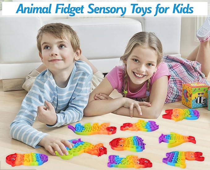 2 Packs Animals Fidget Toys,Push Bubble Sensory Toy for Kids,Rainbow Elephant Leopard Stress Reliever Squeeze Toys Set Educational Fidgets Gift for Toddlers Adults Party Classroom Must Have