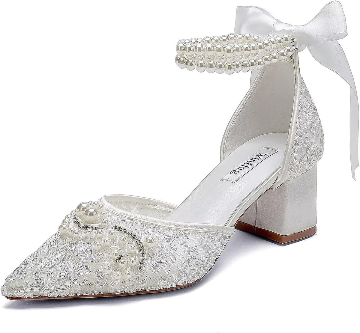 Lace Pearl Wedding Shoes for Bride Block Heel Bridal Shoes Closed Toe Wedding Heels.