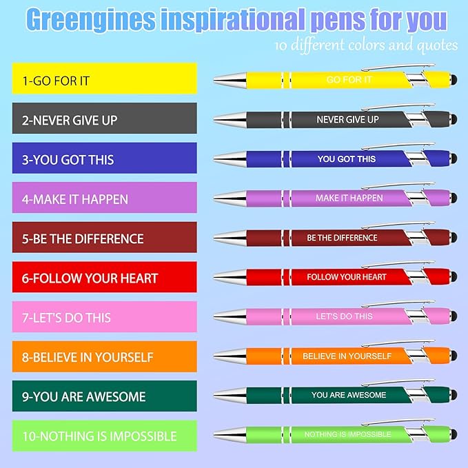 10 Pcs Inspirational Pens Bulk, Motivational Ballpoint Pen with Stylus Tip Funny Ink Pens in Bulk Inspirational Gifts for Women Coworkers Office Supplies Black Ink