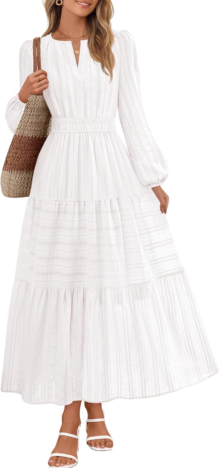 MEROKEETY Spring Summer Midi Dresses for Women 2026 Fall Casual Vacation Long Sleeve V Neck Tiered Cotton Maxi Dress Pockets