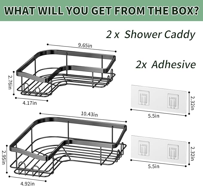 Corner Shower Caddy, 2 Pack Adhesive Shower Organizer with 8 Hooks, No Drilling Rustproof Stainless Shower Shelves for Bathroom, Organizers and Storage Racks, Black