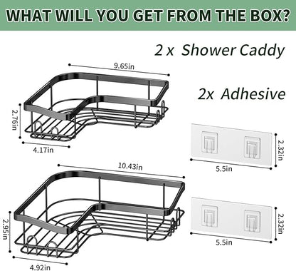 Corner Shower Caddy, 2 Pack Adhesive Shower Organizer with 8 Hooks, No Drilling Rustproof Stainless Shower Shelves for Bathroom, Organizers and Storage Racks, Black
