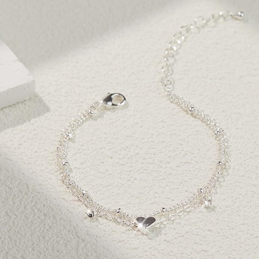 Sterling Silver Anklet Bracelets for Women Waterproof, 925 Sliver Plated CZ  Heart Charm Dainty Layer Anklets for Women Trendy, Simple Chain Anklets Set Gifts for Women, Jewelry Gifts for Her Women Mom Wife Girlfriend
