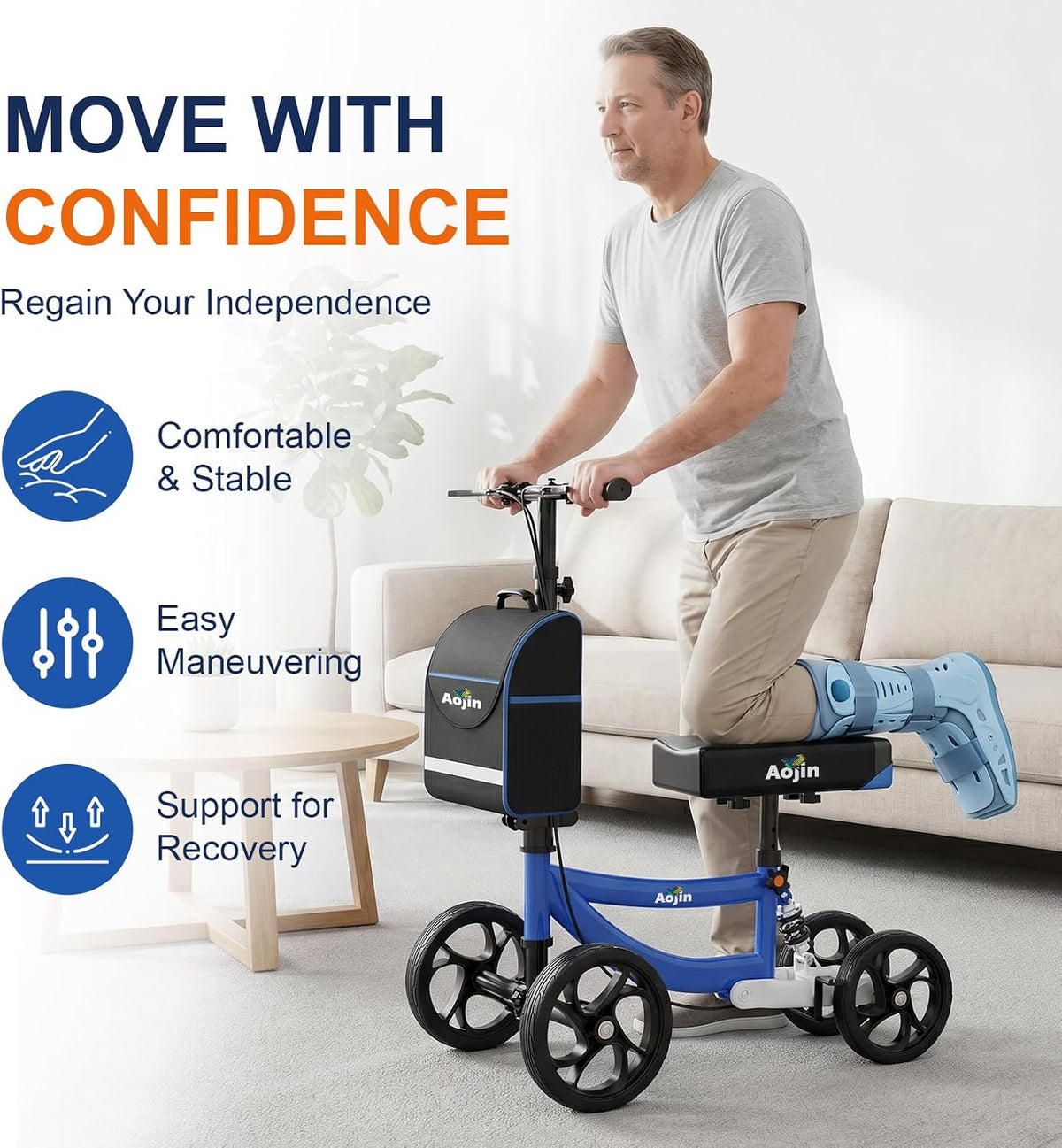 Knee Scooter for Adults for FootInjuries, 300lbs Capacity, All Terrain Foldable Knee Scooter Walker with Bag, 13" Wide Pu Seat, Compact Crutches Alternative (Blue)