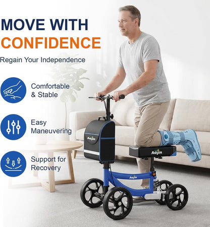 Knee Scooter for Adults for FootInjuries, 300lbs Capacity, All Terrain Foldable Knee Scooter Walker with Bag, 13" Wide Pu Seat, Compact Crutches Alternative (Blue)