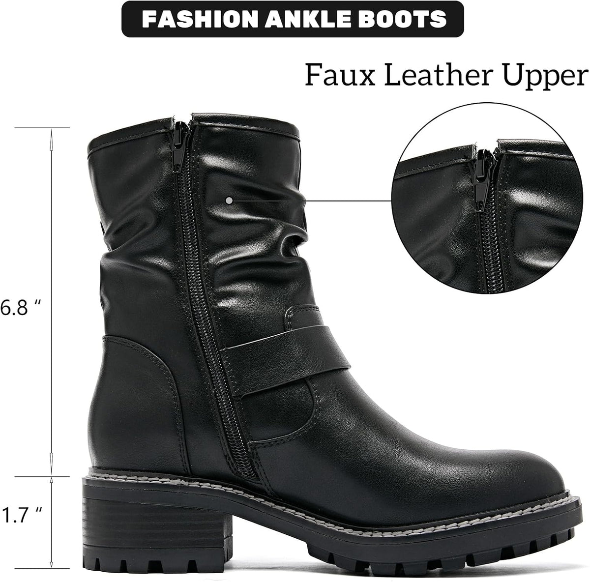 Ruiee Ankle Boots for Women Combat Boots Low Heel Short Booties Round Toe Side Zipper Womens Boots.