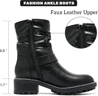 Ruiee Ankle Boots for Women Combat Boots Low Heel Short Booties Round Toe Side Zipper Womens Boots.
