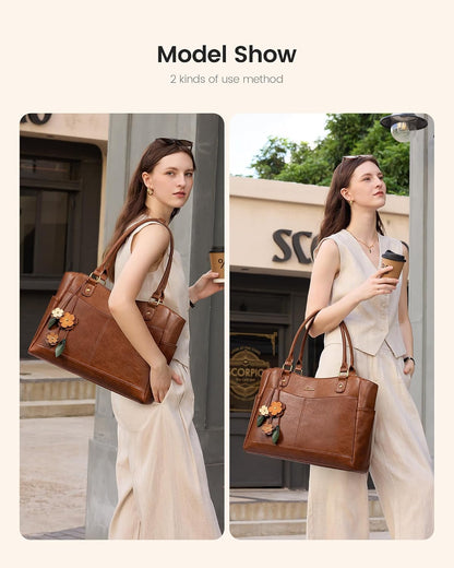 LOVEVOOK Laptop Bag for Women, Leather Vintage Work Tote Bag Computer Office Teacher Bag with Large Cup Holder