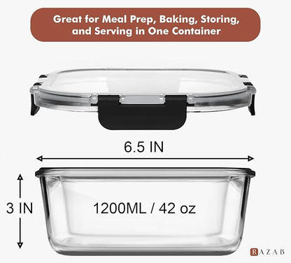 Razab 1 PC 1200ML / 41 Oz Glass Food Storage Container with Lid - Airtight & Leakproof - Microwave/Oven/Freezer Safe