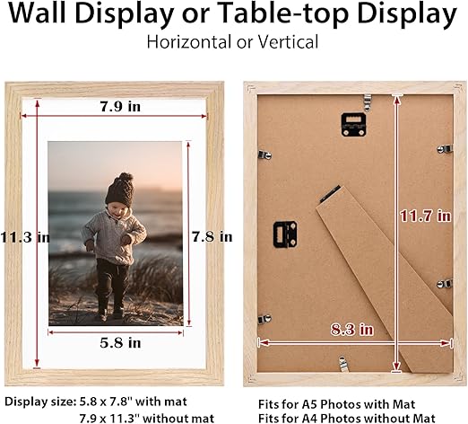 KINLINK A4 Picture frame Natural, Wood frame with Acrylic Plexiglass for Pictures A5 with Mat or A4 without Mat, Tabletop and Wall Mounting Display, 1 Pack