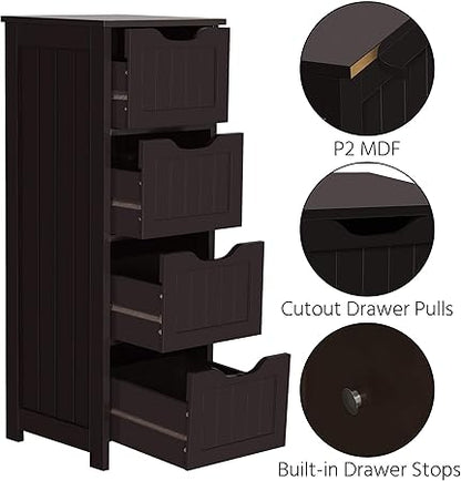 Yaheetech Bathroom Floor Cabinet, Wooden Side Storage Organizer, 4 Drawers Free-Standing Cabinet for BathroomHallwayLiving Room, Espresso