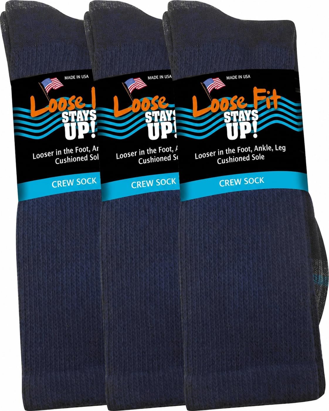 Loose Fit Stays Up Men's and Women's Casual Crew Socks (Pack of 1) Made in USA! Cushioned Sole