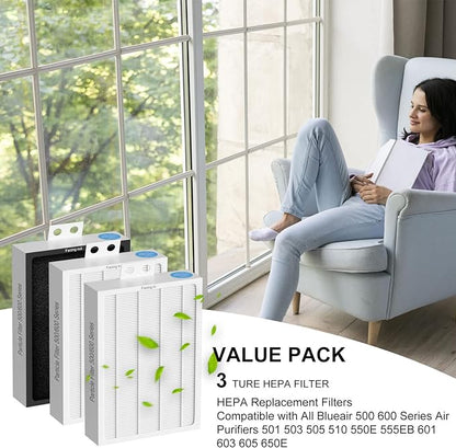 3-Pack Classic 500/600 Series HEPA Filter Replacement Compatible with Blueair Classic 500/600 Series Air Cleaner Purifiers 501 503 505 510 550E 555EB 601 603 605 650E Particle Filter