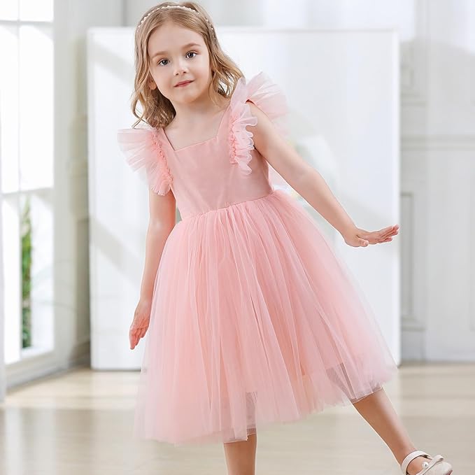 Toddler Baby Girls Tutu Dress Flutter Sleeve Flower Girl Dresses Back Bowknot Birthday Party Tulle Princess Gowns