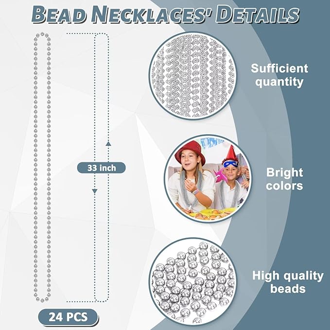24PCS Christmas Bead Necklace, Silver Xmas Bead Stuff Party Favors, 33" Necklace Women Men Bulk, Festival Events Parade Throw Accessories for Christmas Mardi Gras Wedding Birthday Celebrations Decor