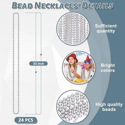 24PCS Christmas Bead Necklace, Silver Xmas Bead Stuff Party Favors, 33" Necklace Women Men Bulk, Festival Events Parade Throw Accessories for Christmas Mardi Gras Wedding Birthday Celebrations Decor