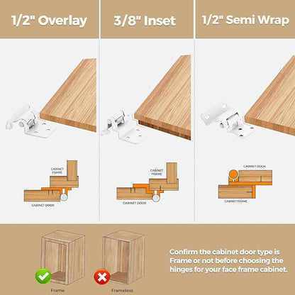 26 Pack (13 Pair) White Cabinet Hinges - 1/2-inch Overlay, Semi-Concealed Self Closing Hardware with Door Bumper, White Face Mount Hardware
