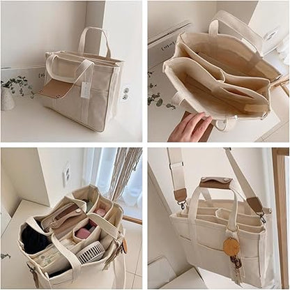 Women Multi-Pocket Canvas Tote Bag Durable Large Capacity Crossbody Handbag,Adjustable Strap Versatile Crossbody Bag