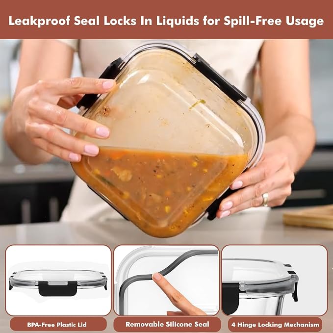 Razab 2 PC 1200ML / 41 Oz Glass Food Storage Containers with Lids - Airtight & Leakproof - Microwave/Oven/Freezer Safe
