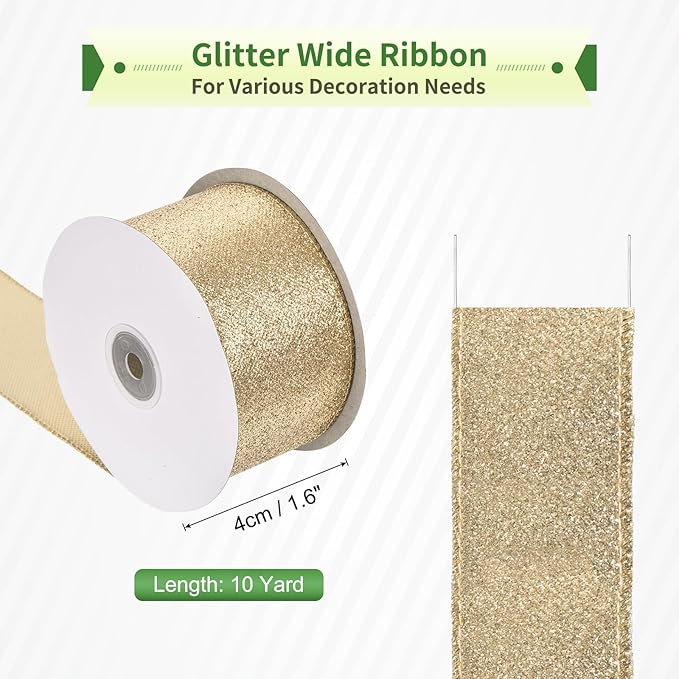 MECCANIXITY 2.5 Inch Glitter Wired Ribbon, Light Gold Sparkly Iridescent Ribbon 10 Yard for Christmas Tree Wreath Decoration Gift Wrapping, with Metallic Edge