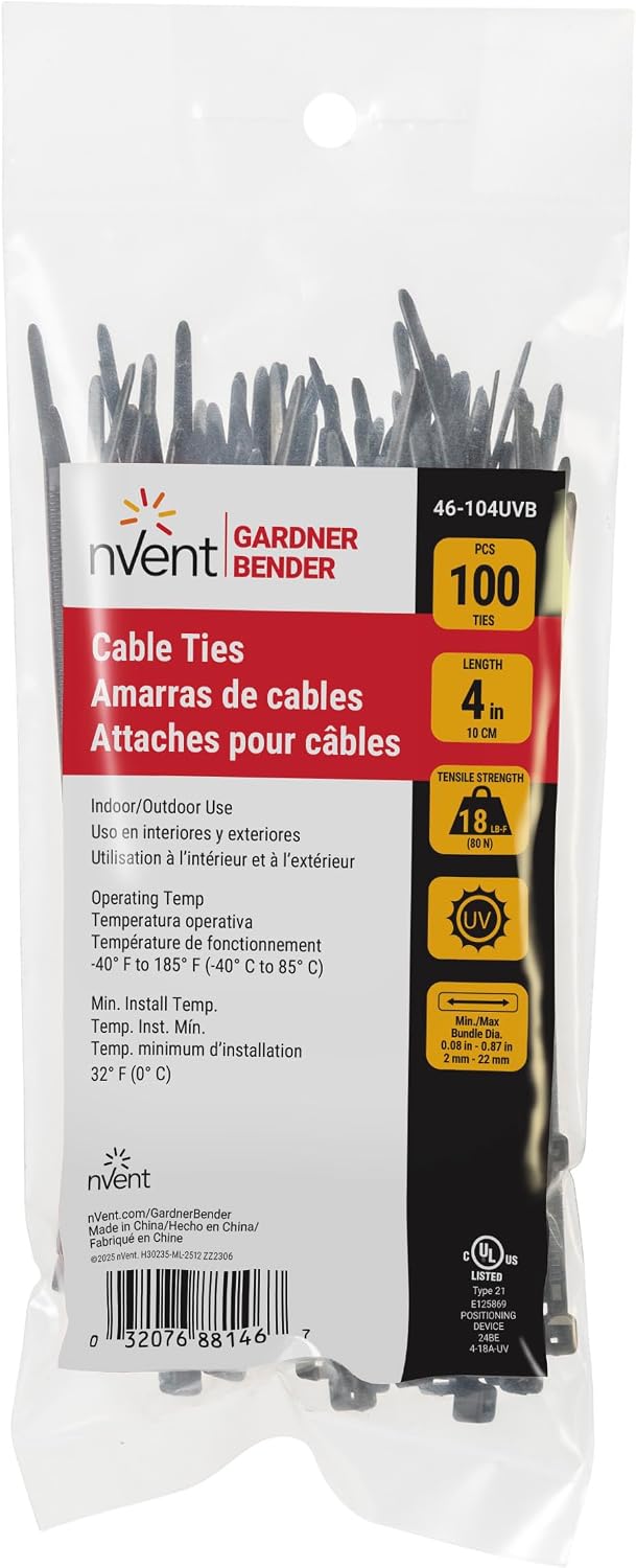 nVent GARDNER BENDER 46-104UVB 4 in. Cable Ties, 18 lb. Rated, 100-Pack UV-Resistant Black Nylon Zip Ties (Formerly: Gardner Bender)