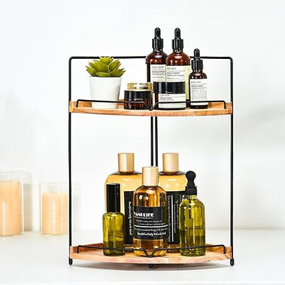 FairyHaus Bathroom Counter Organizer, 2 Tier Corner Bathroom Countertop Organizer for Skincare Make Up Storage, Rustic Wood Bathroom Kitchen Vanity Counter Organizers