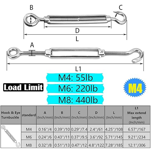 Turnbuckles Hook, Reedny 304 Stainless Steel Turnbuckle Heavy Duty M4 M6 M8 Hook and Eye Turnbuckle for Cables Wire Rope Tension 532" 14" 516" for Sun Shade Fence Tent Rope Installation(M4, 4Pcs)