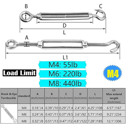 Turnbuckles Hook, Reedny 304 Stainless Steel Turnbuckle Heavy Duty M4 M6 M8 Hook and Eye Turnbuckle for Cables Wire Rope Tension 532" 14" 516" for Sun Shade Fence Tent Rope Installation(M4, 4Pcs)