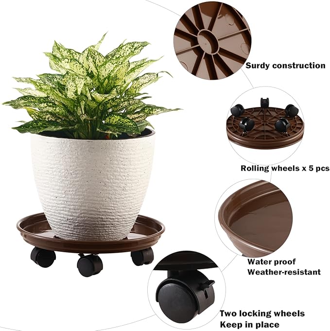 Pack of 5 extra-large plant baskets with wheels, 15-inch rolling stands, sturdy plastic roller base, brown color