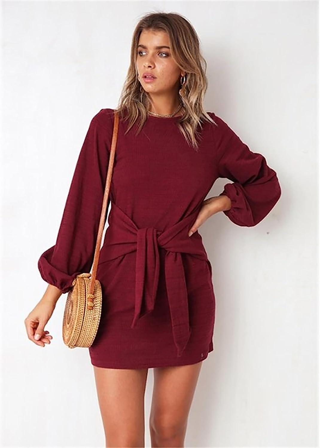 Fashion Womens Fall Elegant Long Lantern Sleeve Short Dress Wedding Guest Crewneck Tie Waist Knit Cocktail Dresses
