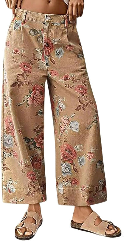 FLAMINGALS Women Mid Rise Cropped Wide Leg Jeans Baggy Floral Ankle Pants Denim Capris Flare Print Boho Palazzo Jeans Boyfriend