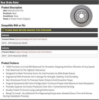 Rear Drilled Disc Brake Rotor - Compatible with 2014-2016 Maserati Ghibli (Models with 6-Piston Front Calipers Only)
