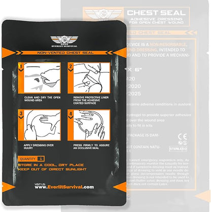 EVERLIT Occlusive Chest Seal Non-Vented Adhesive Dressing for Open Chest Injury and Sucking Chest Wound (2 Count)
