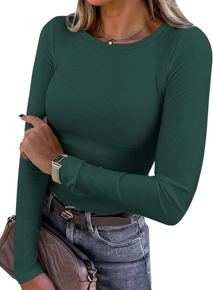 Women 2026 Fall Clothes Long Sleeve Shirts Ribbed Knit Fitted Basic Tee Going Out Tops Underscrub Casual Outfits