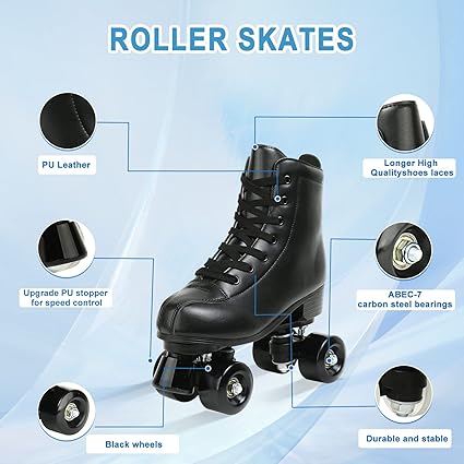 Jessie PU Leather Skates - Premium Adjustable Four-Wheel Roller Skates for Women, Men, Boys  Girls - Indoor  Outdoor