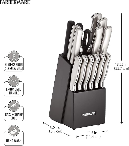 Farberware 15-Piece High-Carbon Stamped Stainless Steel Kitchen Knife Set with Wood Block, Steak Knives, Razor-Sharp, Black, Ultra-Sharp Blades, Ergonomic Comfort Grip