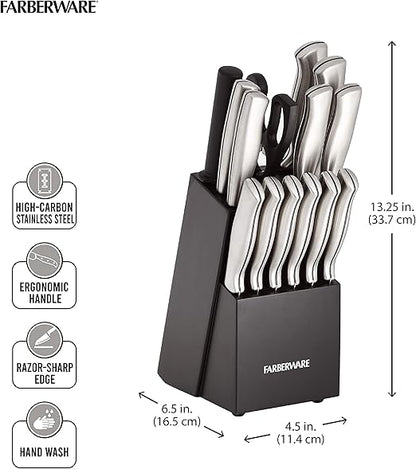 Farberware 15-Piece High-Carbon Stamped Stainless Steel Kitchen Knife Set with Wood Block, Steak Knives, Razor-Sharp, Black, Ultra-Sharp Blades, Ergonomic Comfort Grip