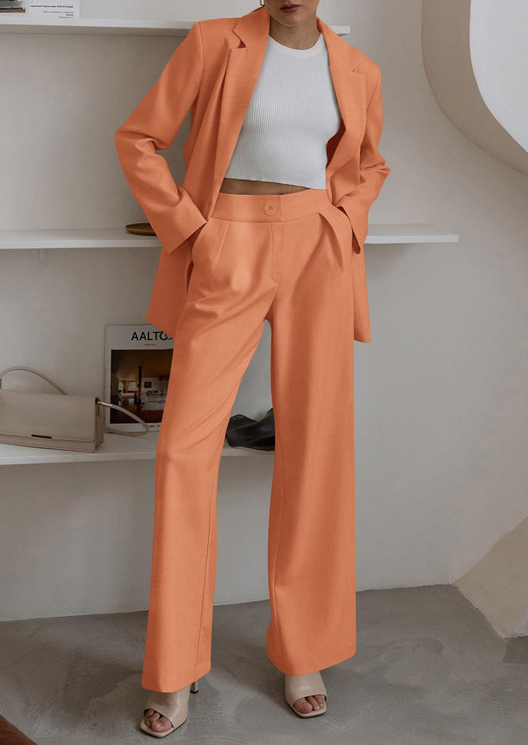 Women's Fall Two Piece Outfits Dressy Blazer Jacket and Wide Leg Pants Pockets Business Casual Office Suit Sets