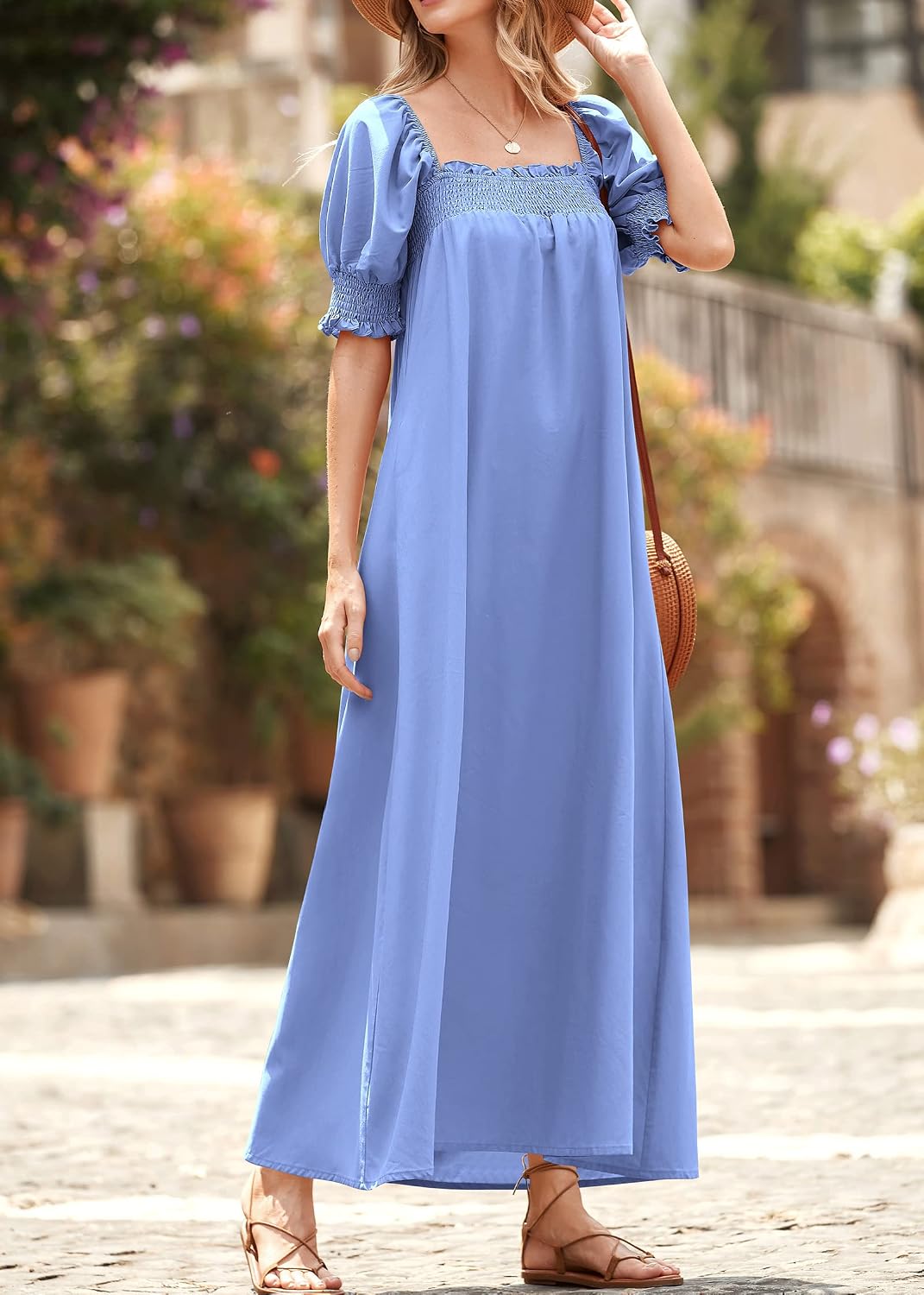 KIRUNDO Women 2026 Summer Maxi Dress Casual Loose Puff Sleeve Square Neck Maternity Flowy Long Beach Dresses with Pockets