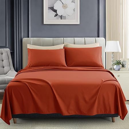 KKJIAF 4 Piece Bed Sheet Set, Microfiber Bed Sheet King Size, 1800 Thread Count Microfiber Soft  Breathable Bedding Sheet Sets, Deep Pocket Fitted Sheet, Flat Sheet and 2 Pillowcases - Burnt Orange