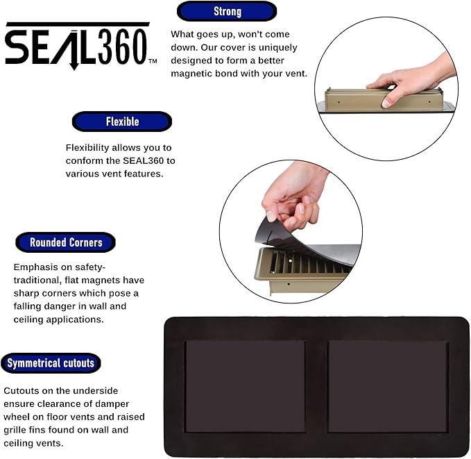 SEAL360 Magnetic Vent Covers (1-Pack), Pockets for Complete Seal, 7.5" X 16" (Brown) for Floor, Wall, or Ceiling Vents and Air Registers, for RV, Home HVAC and AC Vents, Vent Not Included