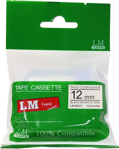 Compatible M231 1/2" (12mm) Black on White M Series P-Touch Tape - LM-M231