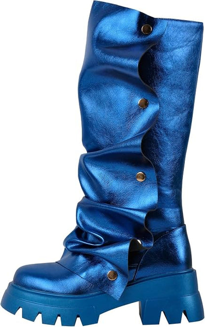 sexytag Women's Platform Slouchy Fold Over Boots Mid Calf Block Heel Round Toe Western Pull on Fashion Boot.
