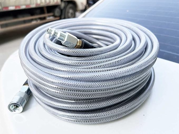 Polyurethane(PU) Air Hose 1/4-Inch x 100ft Reinforced, lightweight Anti-low temperature 300PSI with 1/4√ì Swivel Industrial Quick Coupler and Plug, Bend Restrictor, Silver Gray(100√ï)