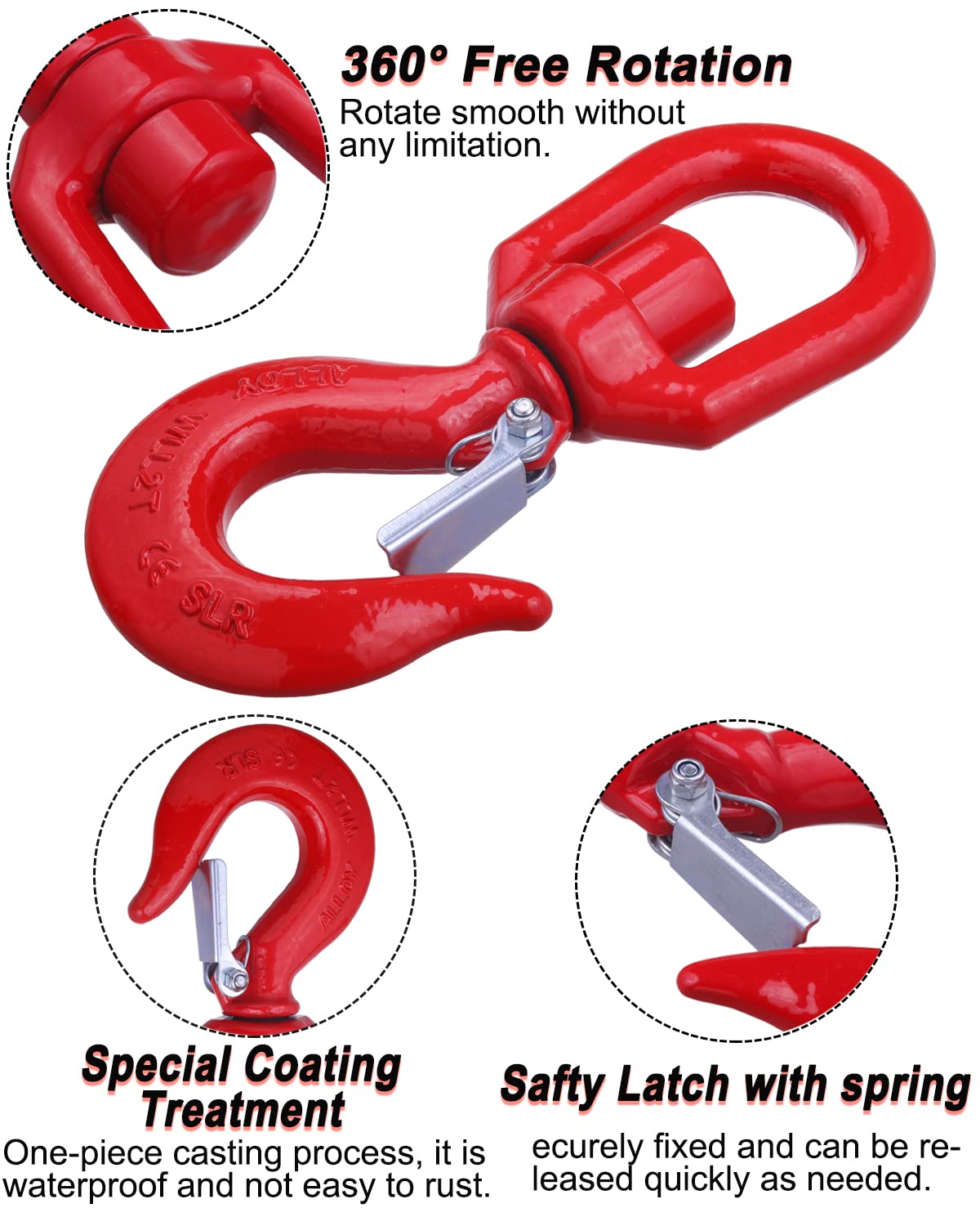 3 Ton Swivel Lifting Hook Heavy Duty, Round Rotating Hook with Safety Latch, High Quality Alloy Steel Resistant Corrosion for Lifting Chains Port Transportation Factory 3T