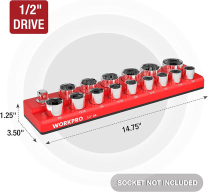 WORKPRO Magnetic 1/2-Inch SAE Socket Organizer - Holds 16 Standard & Deep Size Sockets