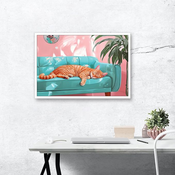 LRCYBMN Trendy Disco Ball Orange Cat Posters Funny Pet Orange Cat Sleeps On The Sofa Canvas Oil Painting Bar Cart Wall Decor Home Room Decor Aesthetics 16X24 in Unframed