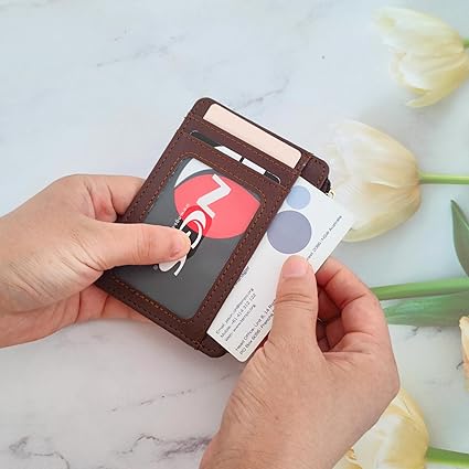 CATCH ON Small Wallet Women & Men, Slim Minimalist Faux Leather Front Pocket Credit Card Holder With Zipper Pocket (brown)