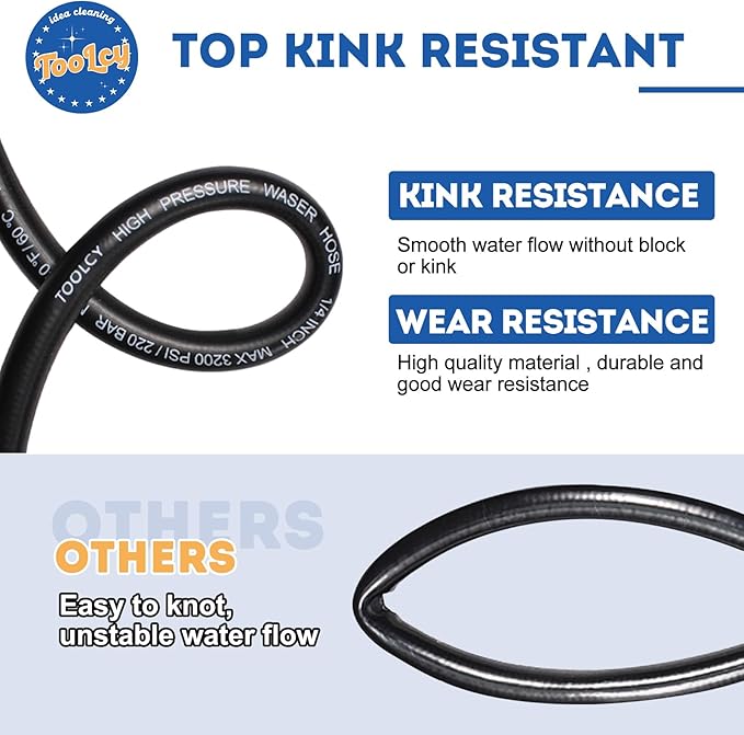 TOOLCY Pressure Washer Hose with Extension Coupler, 50 ft 14" Kink Resistant Power Washer Hose M22 Replacement for Ryobi, Troy Bilt, Greenworks, Craftsman High PressureWashers, 3300 PSI